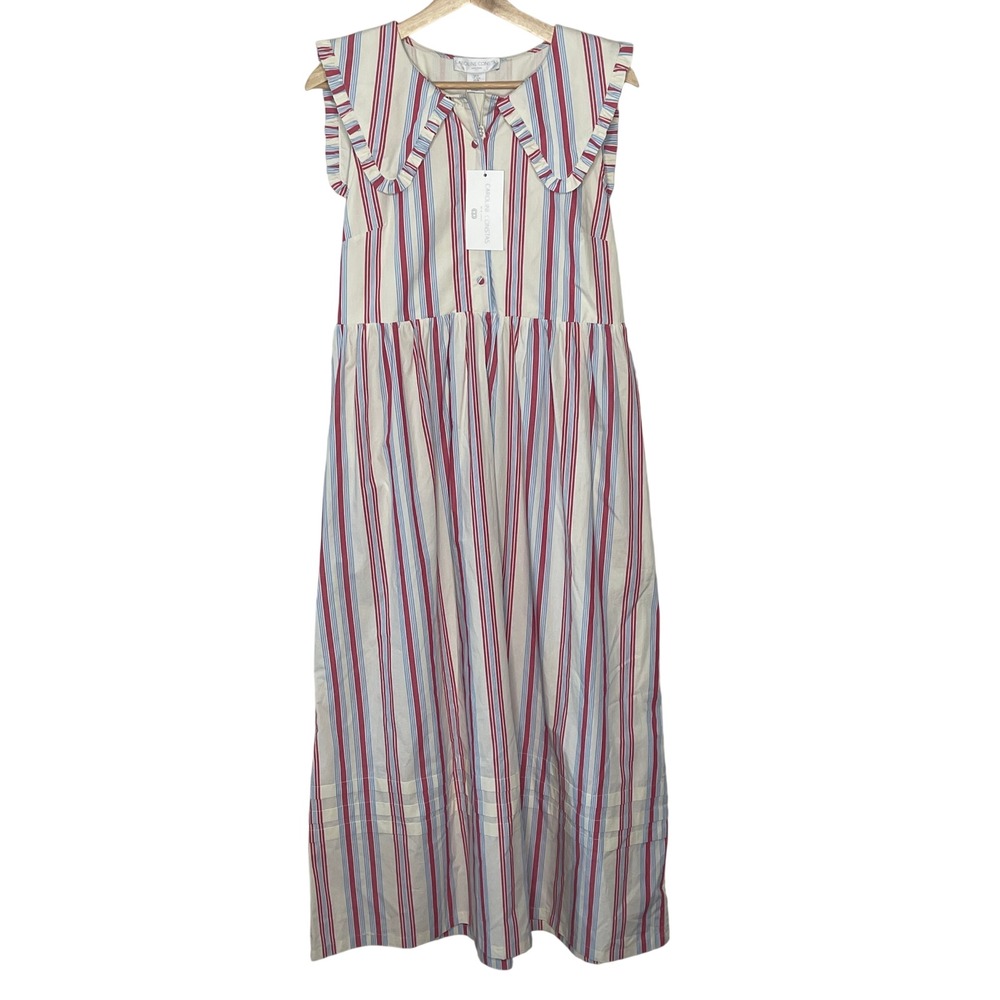 Caroline Constas Striped Maxi Dress Red Blue White Peter Pan Collar Size M NEW